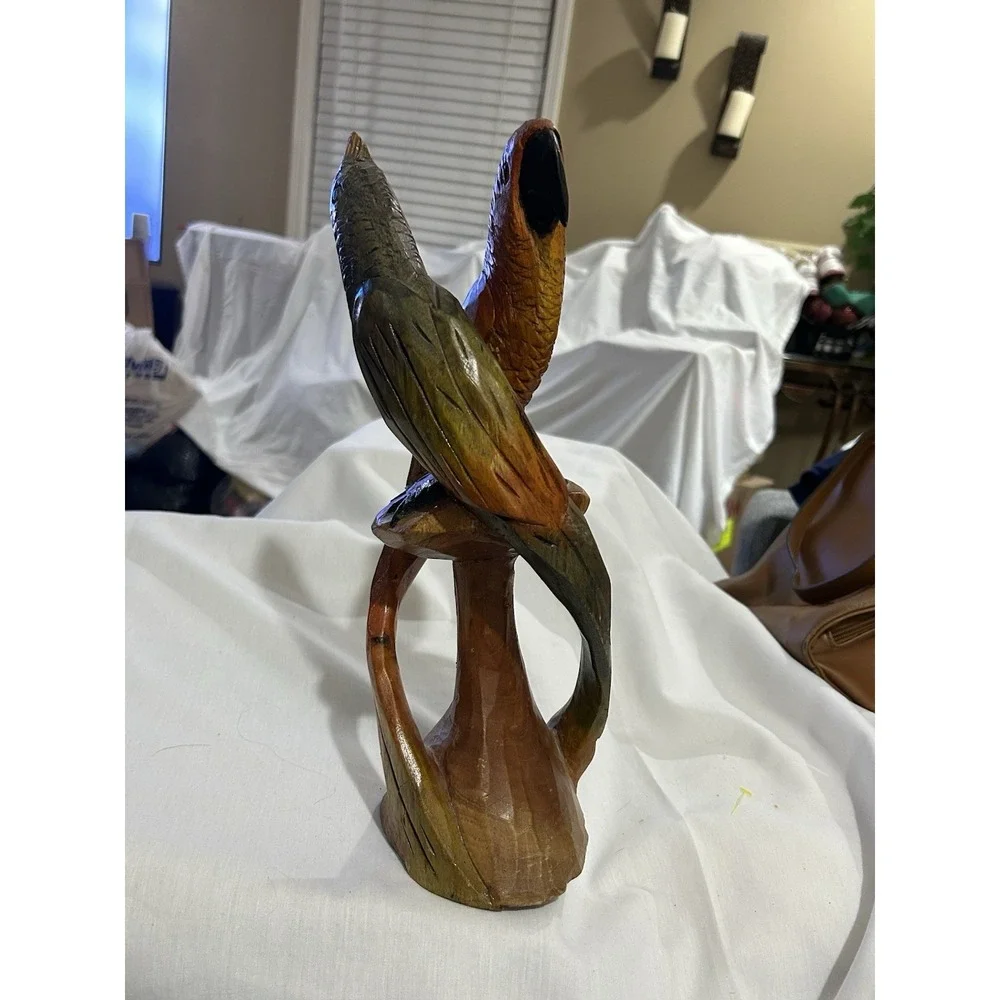 VTG Hand Carved & Painted Wood PARROTS Sculpture - LARGE PARROTS 13 Inches Tall